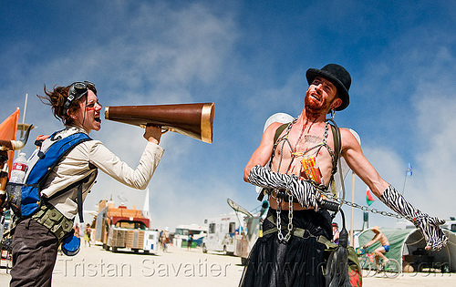 woman with bullhorn, bowler hat, bullhorn, chain, elfi, goggles, man, woman