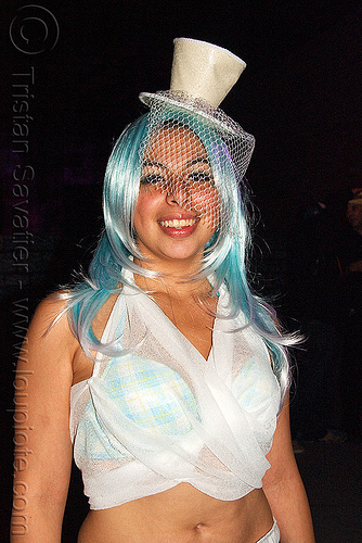 woman with cocktail hat - underground party (san francisco), blue wig, cocktail hat, costume, fashion, night, small hat, veil, white hat, woman