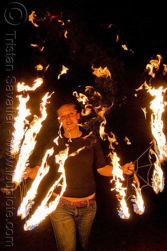 woman with fire fans (san francisco), fire dancer, fire dancing, fire fans, fire performer, fire spinning, night, red hair, redhead, sam, spinning fire, woman