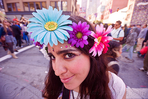 woman with flower headdress, bindis, flower headdress, woman
