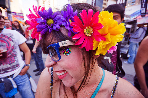 woman with flower headdress - howard street fair (san francisco), bindis, flower headdress, woman