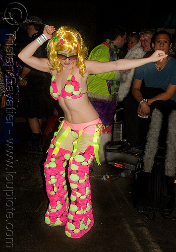 woman with fuzzy balls costume, costume, fur balls, fuzzy balls, neon color, night, opulent temple, party, pink, raver, woman