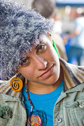 woman with fuzzy grey hat (san francisco), fluffy, fuzzy, hannah, hat, woman