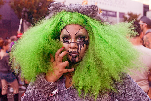 woman with green wig and halloween makeup - folsom street fair (san francisco), black makeup, green wig, halloween makeup, woman