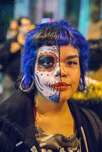 woman with half face sugar skull makeup - blue hair - gouged ears - dia de los muertos, blue hair, day of the dead, dia de los muertos, face painting, facepaint, gouged ears, half face, halloween, night, sugar skull makeup, woman