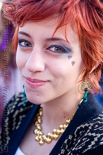 woman with iris coloboma (a hole in the eye's iris) - vanessa rivera, birth defect, coloboma, eyes, hickey, iris, lovevolution, redhead, short hair, vanessa rivera, woman