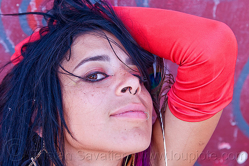 woman with long red glove - mumu mariane charline, lip piercing, makeup, nose piercing, septum piercing, woman