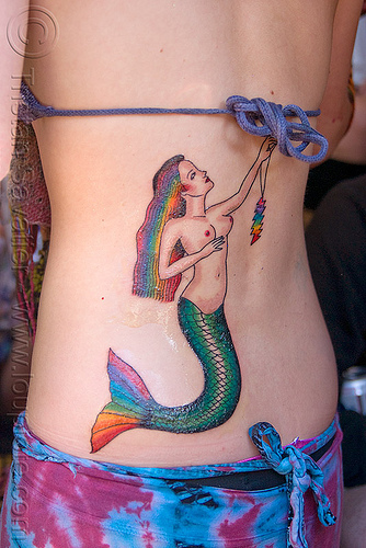 woman with mermaid back tattoo (san francisco), britney, brittany, haight st, haight street fair, hip, hippie, mermaid tattoo, rainbow colors, rainbow mermaid, tattooed, tattoos, woman