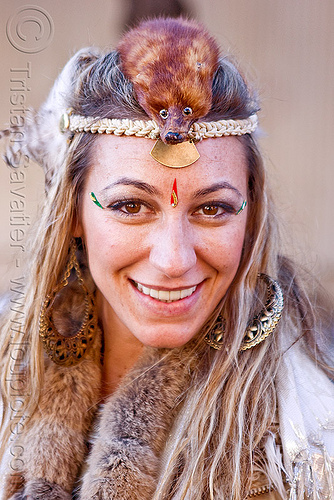 woman with mink hat - burning man decompression (san francisco), fur, hat, head band, headdress, mink, taxidermied, taxidermy, virginia, woman