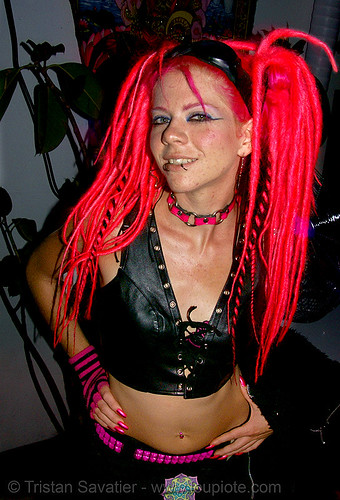 woman with pink dreadfalls (san francisco), dreadfalls, night, pink hair, raver outfits