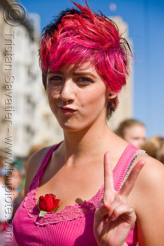 woman with pink hair and a rose, lovevolution, pink hair, rose, v-sign, victory sign, woman