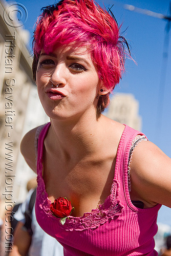 woman with pink hair and a rose, kiss, lovevolution, mwuah, pink hair, rose, woman