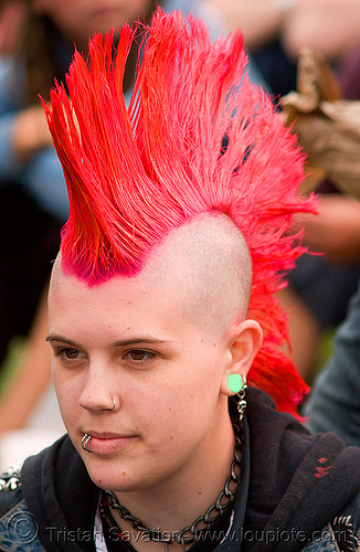 woman with pink mohawk, gay pride 2008, gay pride festival, mohawk hair, pink hair, punk girl, woman