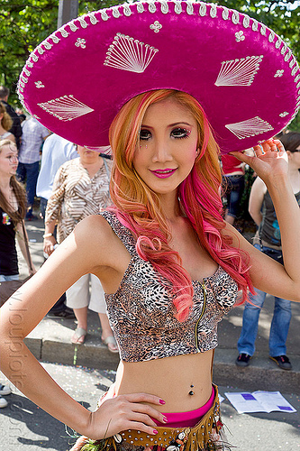 woman with pink sombrero, belly piercing, bellybutton piercing, costume, eye makeup, gay pride, hat, mexican, navel piercing, pink sombrero, woman