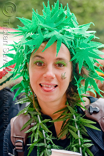 woman with pot leaves costume - bay to breaker footrace and street party (san francisco), bay to breakers, costume, fake leaves, fake plant, footrace, ganja, headdress, hemp, necklace, street party, weed, woman