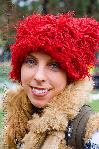 woman with red fuzzy hat - burning man decompression 2009 (san francisco), fuzzy hat, red hat, woman