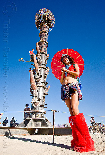 woman with red japanese umbrella near the minaret tower, art installation, japanese umbrella, red umbrella, the minaret, tower, woman