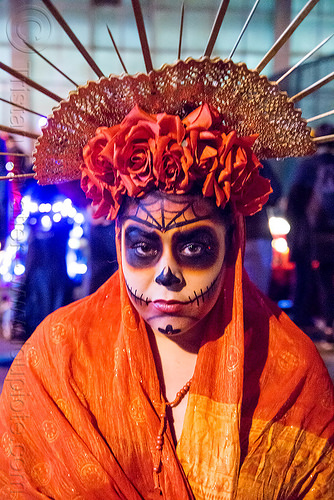 woman with red roses crown and skull makeup - dia de los muertos, crown, day of the dead, dia de los muertos, face painting, facepaint, flower headdress, flowers, halloween, night, orange color, roses, sugar skull makeup, woman