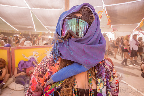 woman with scarf and mirror goggles - burning man 2015, burning man, goggles, necklaces, scarf, woman