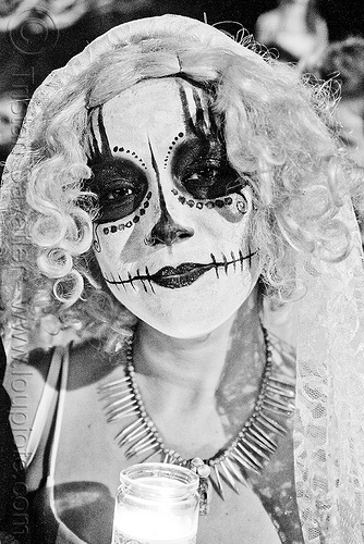 woman with skull makeup - bindis - dia de los muertos - halloween (san francisco), bindis, day of the dead, dia de los muertos, face painting, facepaint, halloween, night, sugar skull makeup, woman