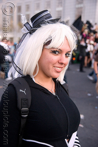 woman with small hat - lovefest  (san francisco), cocktail hat, eyelashes, lovevolution, white wig, woman