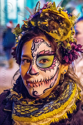 woman with sugar skull half-face makeup - dia de los muertos, day of the dead, dia de los muertos, face painting, facepaint, half face, halloween, headdress, night, scarf, sugar skull makeup, woman