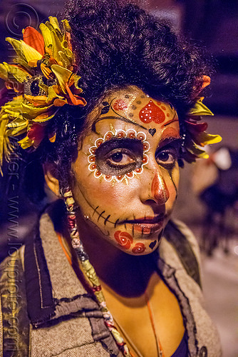 woman with sugar skull makeup and flower headdress - dia de los muertos, day of the dead, dia de los muertos, face painting, facepaint, flower headdress, halloween, night, sahar, sugar skull makeup, woman