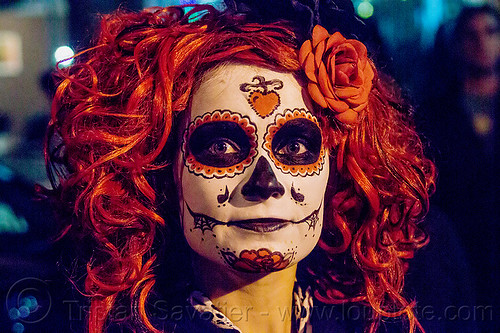 woman with sugar skull makeup and red wig with red flower, day of the dead, dia de los muertos, face painting, facepaint, flower headdress, flowers, halloween, night, red wig, sugar skull makeup, woman