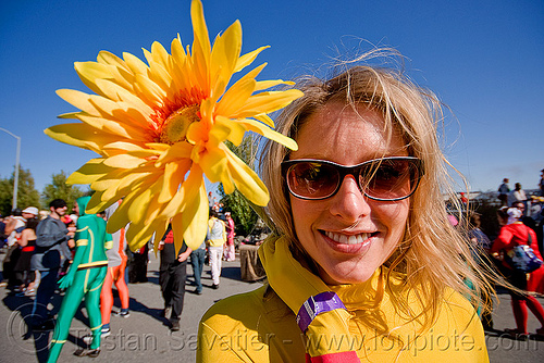 woman with yellow flower - superhero street fair (san francisco), flower, islais creek promenade, superhero street fair, woman, yellow