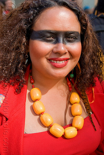 woman with yellow necklace - large beads - how weird street fair (san francisco), facepaint, heavy necklace, makeup, red, woman, yellow necklace