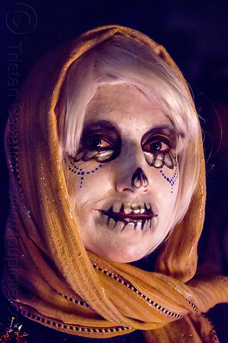 woman with yellow scarf and sugar skull makeup - dia de los muertos (san francisco), blonde, day of the dead, dia de los muertos, face painting, facepaint, halloween, night, sugar skull makeup, woman, yellow scarf