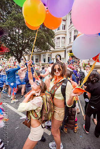 women dancing with party balloons - street party, bay to breakers, costume, crowd, dancing, footrace, party balloons, street party, women