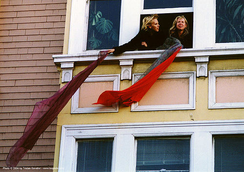 women holdind scarves at a window - gay pride (san francisco), scarf, scarves, window, women