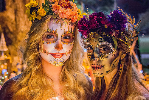 women with beautiful sugar skull makeup - dia de los muertos, andrea, bindis, candle light, candles, day of the dead, dia de los muertos, face painting, facepaint, flower headdress, flowers, halloween, mariana, night, sugar skull makeup, women