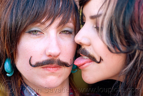 women with false moustaches, fake moustaches, fake mustaches, false moustaches, false mustaches, haight street fair, mustache, sarah, sticking out tongue, sticking tongue out, women