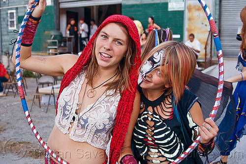 women with hoop - burning man decompression party (san francisco), costume, desdemona, face painting, facepaint, glow in the dark, halloween, hula hoop, lace top, red scarf, skeleton, stirling, woman