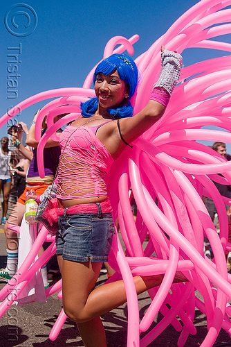 women with pink ballons costume, balloons, blue wig, fishnet clothing, gay pride festival, janet, party ballons, pink, woman