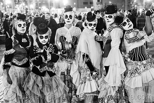 women with skull makeup, adtc, ampey!, ase dance theater collective, costume, dia de los muertos, dress, dresses, embarcadero, facepaint, halloween, hats, journey to the end of the night, makeup, performance, skull face paint, skull face painting, women