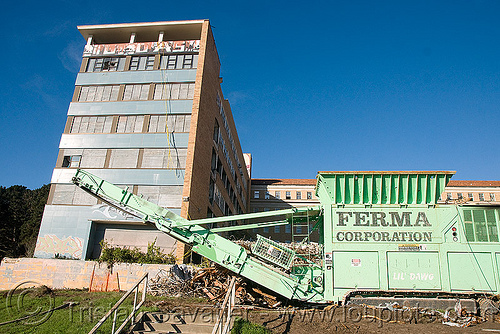 wood shredder with magnetic separator - building demolition, abandoned building, abandoned hospital, at work, building demolition, presidio hospital, presidio landmark apartments, wood shredder, working