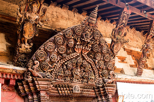 wooden carving decoration - royal palace gate - bhaktapur durbar square (nepal), bhaktapur, braided snakes, durbar square, gate, hinduism, intricate, naga snake, nāga snake, snake braid, vasuki, wood carving, wooden