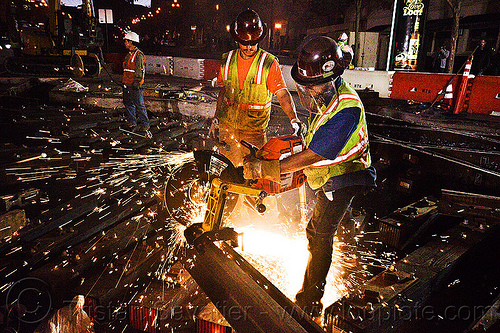 workers cutting rail with cut-off saw, 3120x, abrasive saw, cut-off saw, cutting, high-visibility jacket, high-visibility vest, huskvama, light rail, men, muni, night, ntk, power tool, railroad construction, railroad tracks, railway tracks, reflective jacket, reflective vest, safety gloves, safety helmet, safety vest, safety visor, san francisco municipal railway, sparks, track maintenance, track work, workers, working