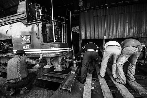 workers using mechanical lift to raise steam locomotive - darjeeling (india), 802 victor, 902, darjeeling himalayan railway, darjeeling toy train, lift, lifting, men, narrow gauge, railroad, steam engine, steam locomotive, steam train engine, train depot, train yard, workers, working