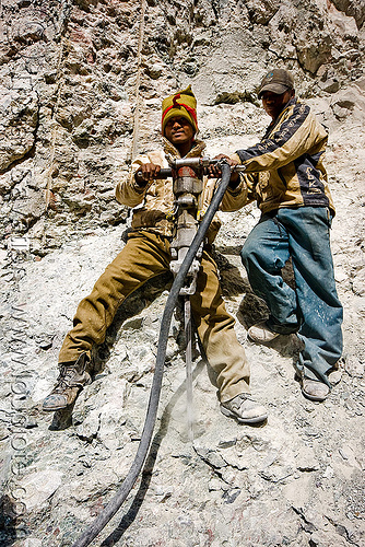 workers using pneumatic jackhammer drill, drilling and blasting, fuses, fuzes, groundwork, jackhammer, ladakh, pneumatic drill, road construction, roadworks, rock, workers