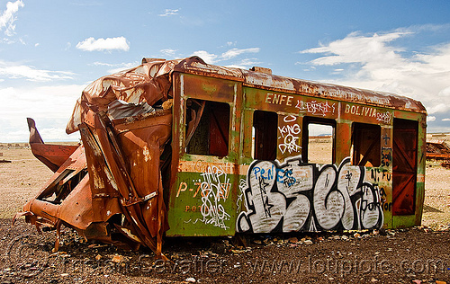wrecked train car - graffiti - train cemetery - uyuni (bolivia), accidented, bolivia, enfe, fca, graffiti, railroad, railway, rusty, scrapyard, train car, train cemetery, train graveyard, train junkyard, uyuni, wreck, wrecked