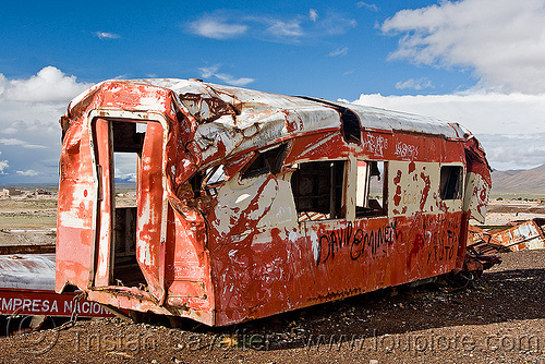 wrecked train car - train cemetery - uyuni (bolivia), accidented, bolivia, enfe, fca, railroad, railway, rusty, scrapyard, train car, train cemetery, train graveyard, train junkyard, uyuni, wreck, wrecked