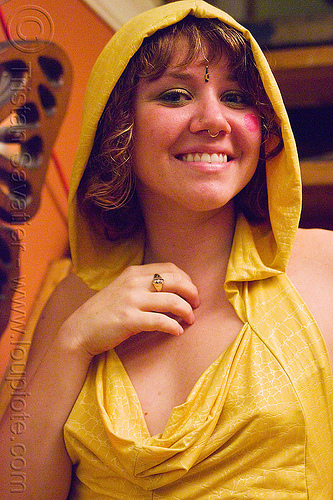 yellow dress with hood - rachel, bindi, hood, nose piercing, septum piercing, woman, yellow dress