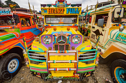 yellow jeepney at jeepney station (philippines), baguio, colorful, decorated, front grill, jeepneys, painted, truck