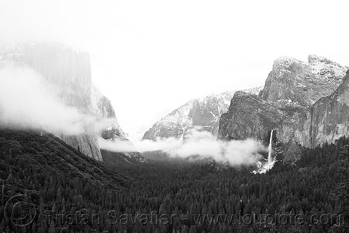 yosemite valley in the clouds, cliff, clouds, cloudy, falls, fog, mountains, waterfall, winter, yosemite national park, yosemite valley