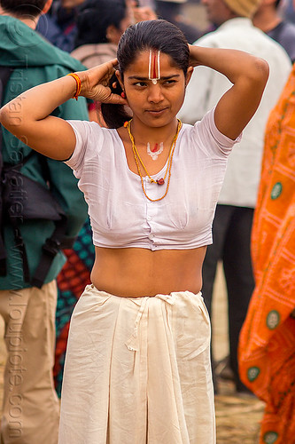 young hindu woman with ramanandi tilak, hindu pilgrimage, hinduism, india, maha kumbh mela, ramanandi tilak, standing, woman
