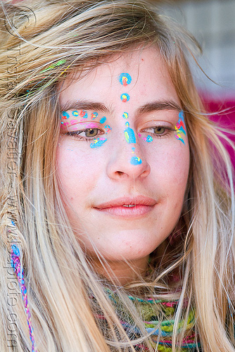 young woman with blue face paint - brittany, blonde, brittany, haight st, haight street fair, hippie, woman